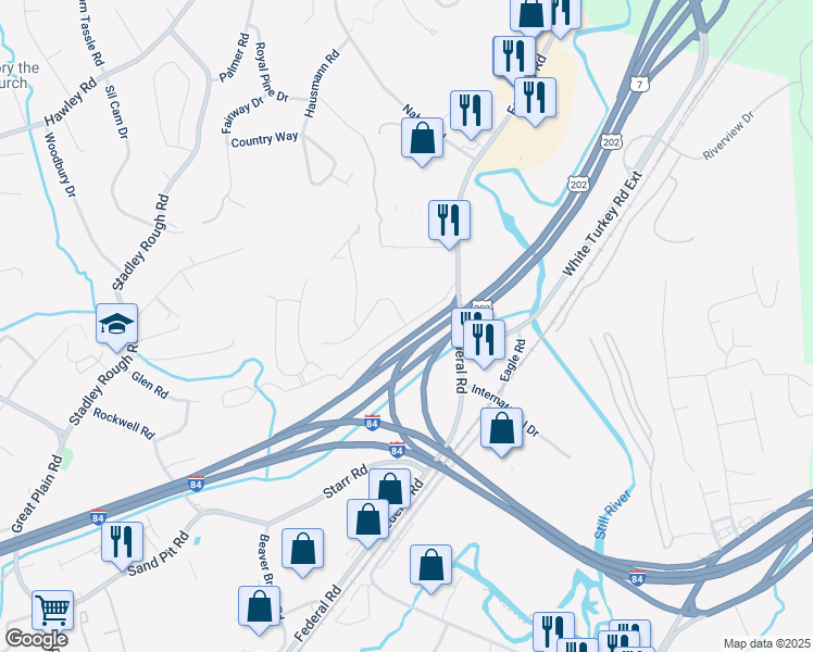 map of restaurants, bars, coffee shops, grocery stores, and more near 17 Old Brookfield Road in Danbury