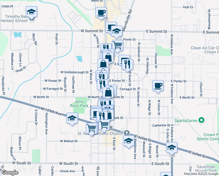map of restaurants, bars, coffee shops, grocery stores, and more near 213 North Main Street in Crown Point