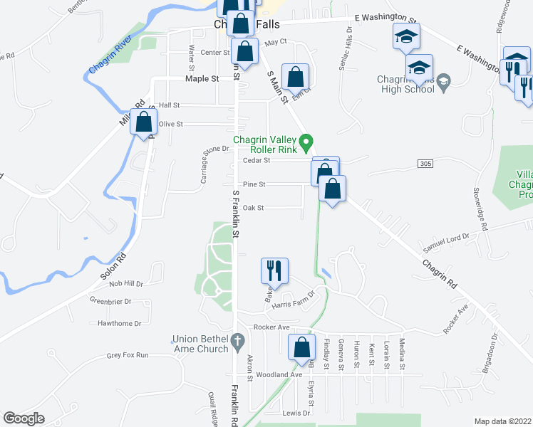 map of restaurants, bars, coffee shops, grocery stores, and more near 7057 Oak Street in Chagrin Falls
