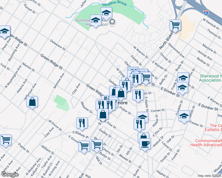 map of restaurants, bars, coffee shops, grocery stores, and more near 2031 Rigg Street in Dunmore