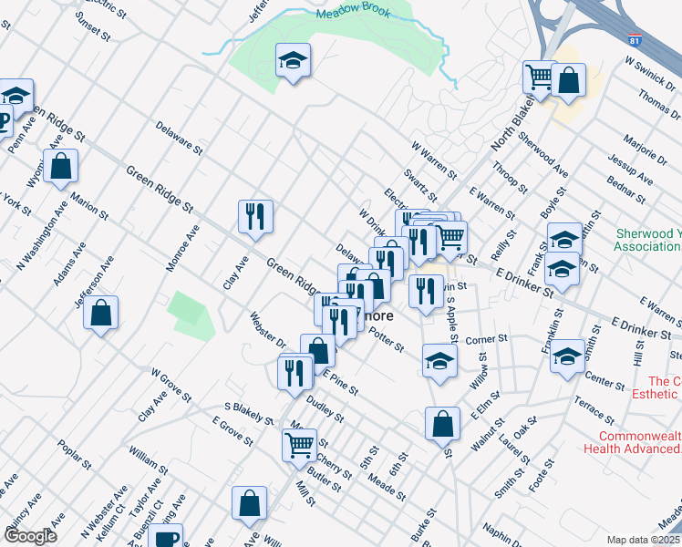 map of restaurants, bars, coffee shops, grocery stores, and more near 2031 Rigg Street in Dunmore