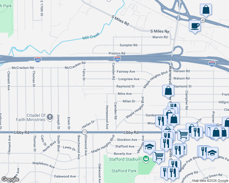 map of restaurants, bars, coffee shops, grocery stores, and more near 19314 Nitra Avenue in Maple Heights