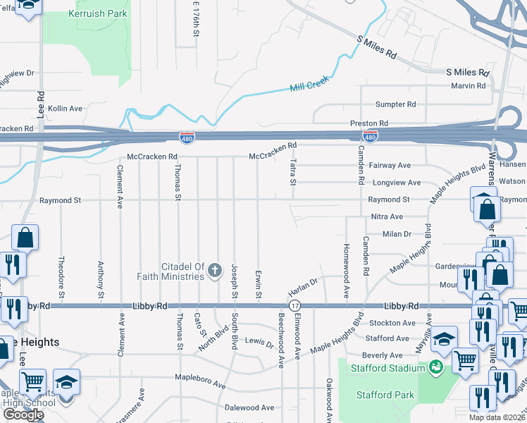 map of restaurants, bars, coffee shops, grocery stores, and more near 5130 Erwin Street in Maple Heights