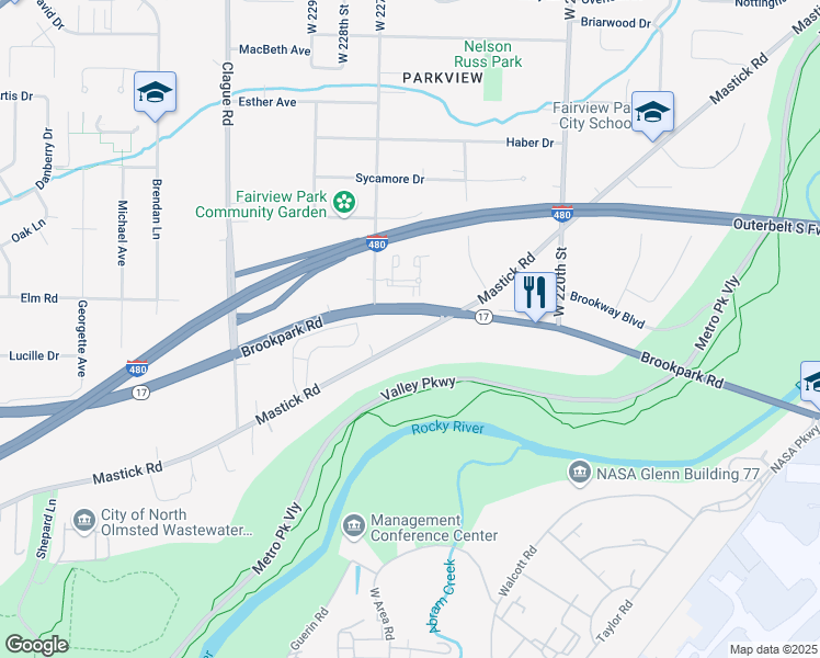 map of restaurants, bars, coffee shops, grocery stores, and more near 22605 Mastick Road in Fairview Park