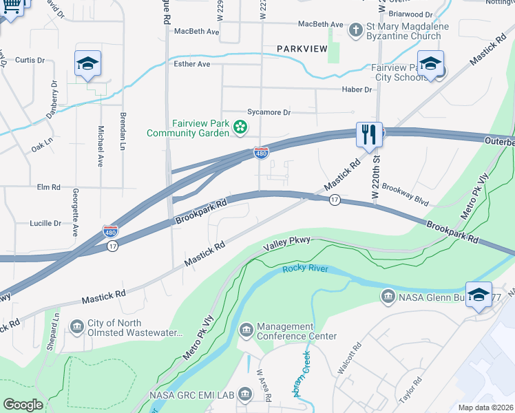 map of restaurants, bars, coffee shops, grocery stores, and more near 22718 Mastick Road in Fairview Park