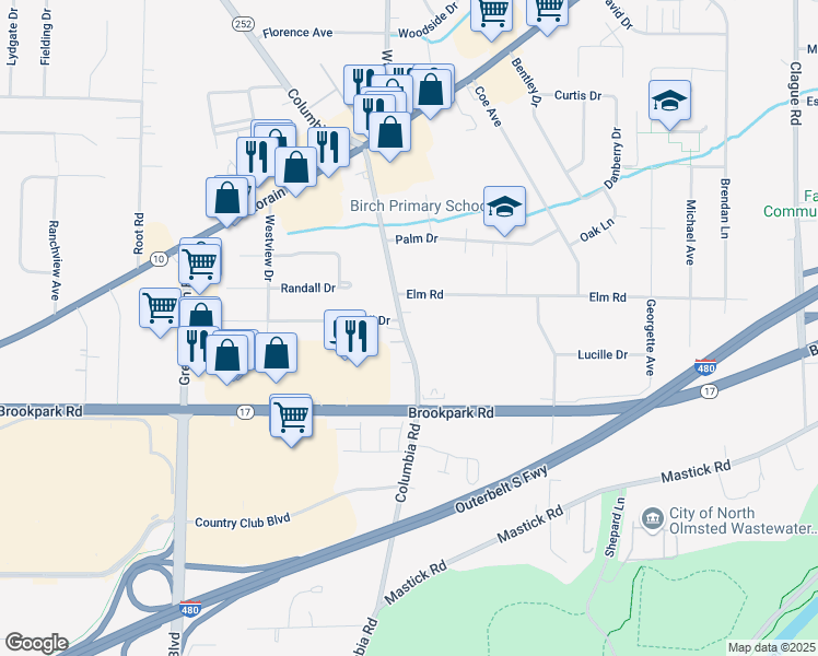 map of restaurants, bars, coffee shops, grocery stores, and more near 4869 Columbia Road in North Olmsted
