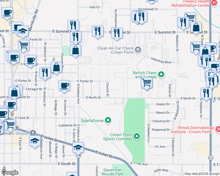 map of restaurants, bars, coffee shops, grocery stores, and more near 1207 Farragut Street in Crown Point