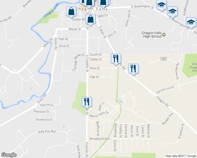 map of restaurants, bars, coffee shops, grocery stores, and more near 7057 Oak Street in Chagrin Falls