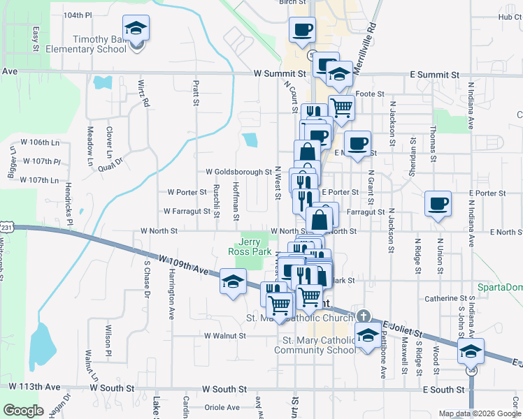 map of restaurants, bars, coffee shops, grocery stores, and more near 221 North West Street in Crown Point