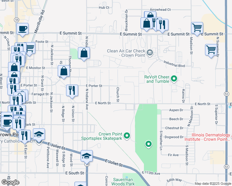 map of restaurants, bars, coffee shops, grocery stores, and more near 311 Church Street in Crown Point