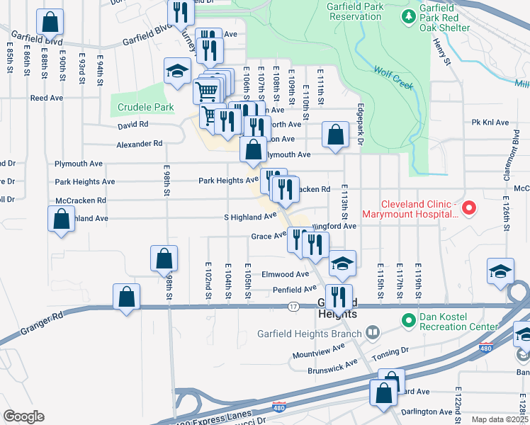 map of restaurants, bars, coffee shops, grocery stores, and more near 10615 South Highland Avenue in Garfield Heights
