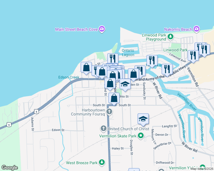 map of restaurants, bars, coffee shops, grocery stores, and more near 691 Grand Street in Vermilion
