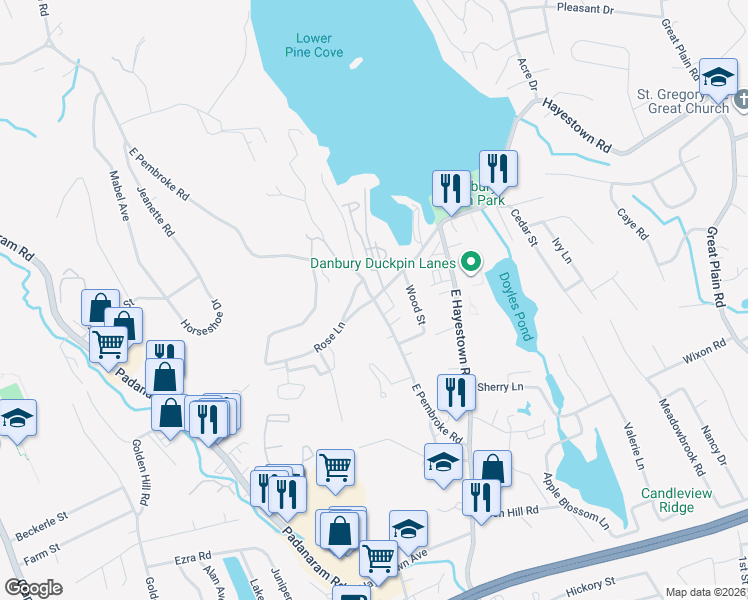 map of restaurants, bars, coffee shops, grocery stores, and more near 1 Hayestown Road in Danbury