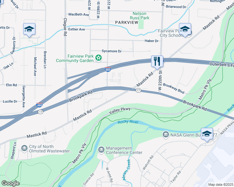 map of restaurants, bars, coffee shops, grocery stores, and more near 22605 Mastick Road in Fairview Park