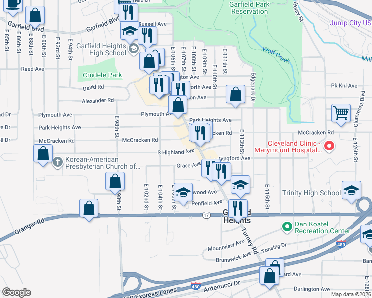 map of restaurants, bars, coffee shops, grocery stores, and more near 10614 South Highland Avenue in Garfield Heights