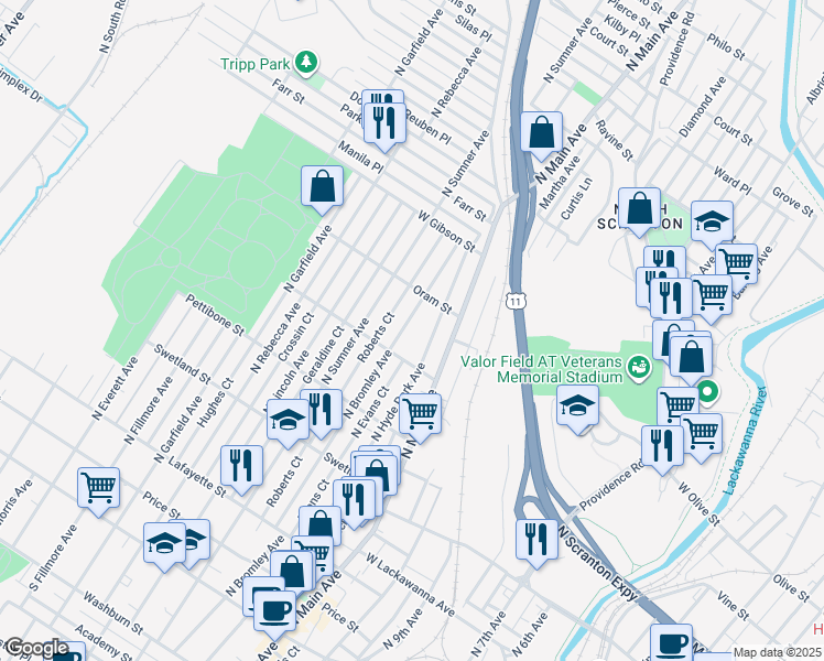 map of restaurants, bars, coffee shops, grocery stores, and more near 721 North Hyde Park Avenue in Scranton