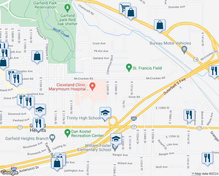 map of restaurants, bars, coffee shops, grocery stores, and more near 5127 East 126th Street in Garfield Heights