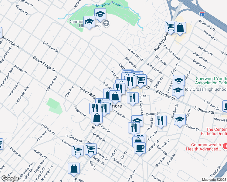 map of restaurants, bars, coffee shops, grocery stores, and more near 2043 Delaware Street in Dunmore