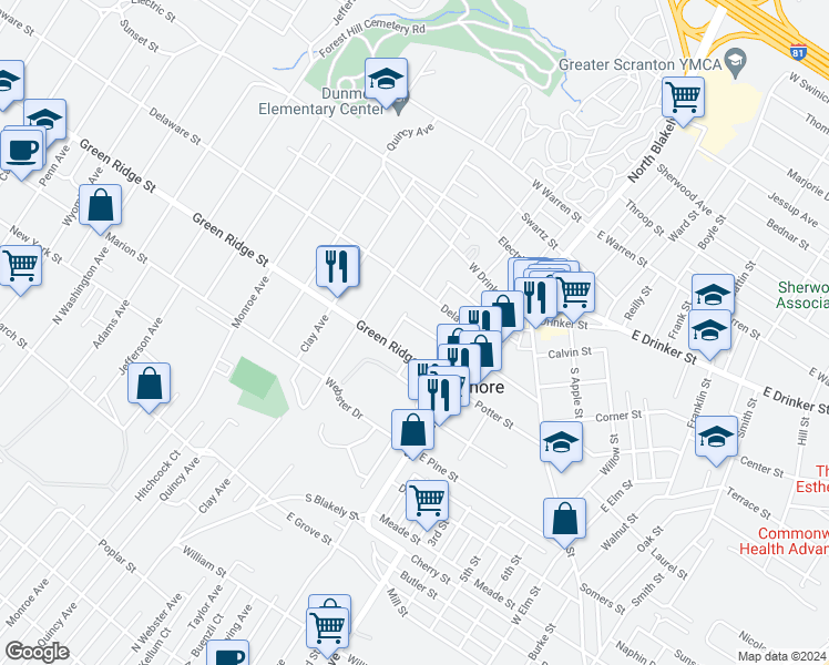 map of restaurants, bars, coffee shops, grocery stores, and more near 2013 Green Ridge Street in Dunmore