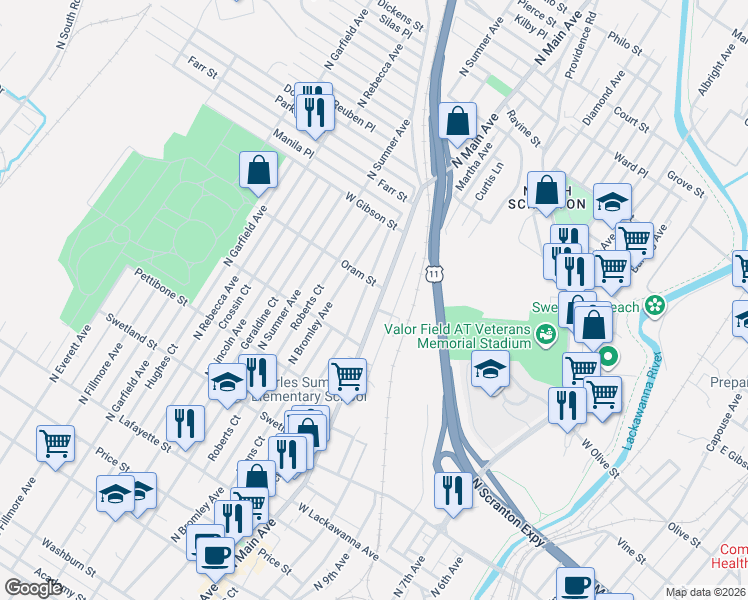 map of restaurants, bars, coffee shops, grocery stores, and more near 746 North Main Avenue in Scranton