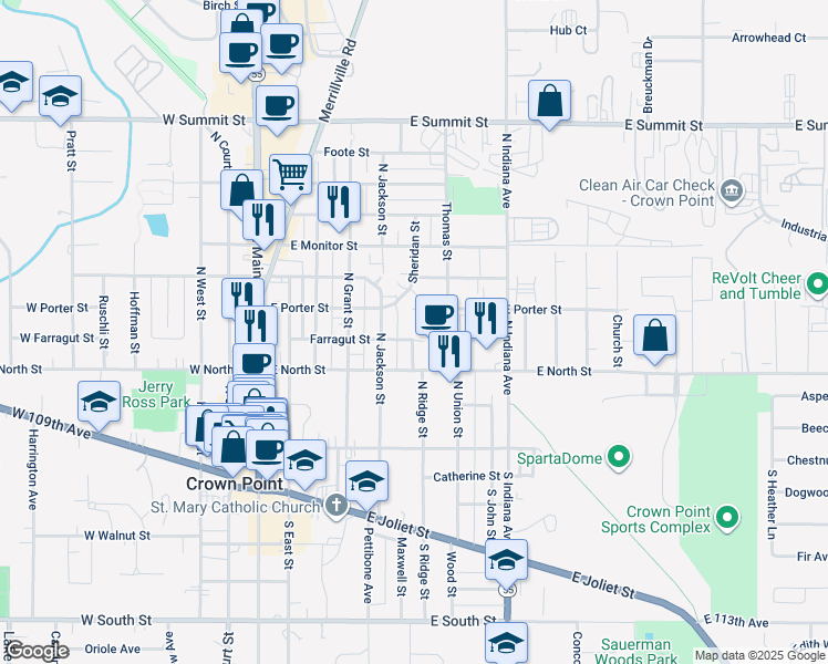 map of restaurants, bars, coffee shops, grocery stores, and more near 213 Sheridan St in Crown Point