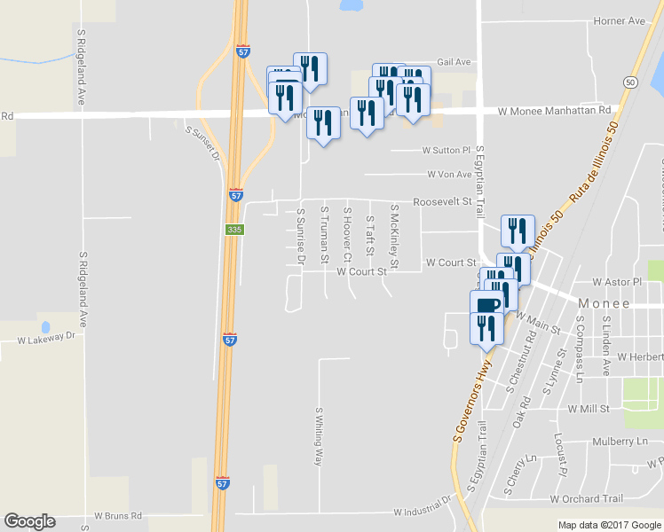 map of restaurants, bars, coffee shops, grocery stores, and more near 25779 South Truman Street in Monee