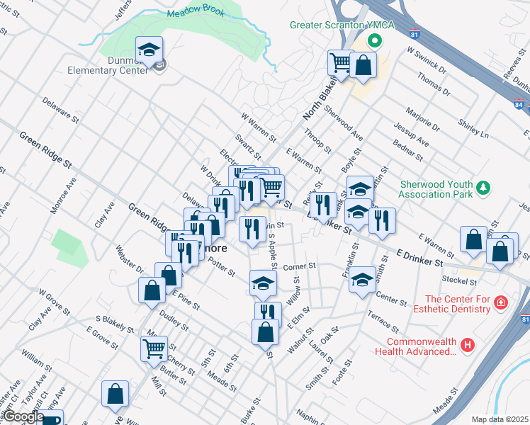 map of restaurants, bars, coffee shops, grocery stores, and more near 225 Calvin Street in Dunmore