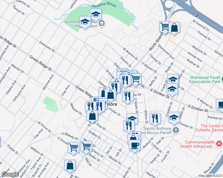 map of restaurants, bars, coffee shops, grocery stores, and more near 2043 Delaware Street in Dunmore