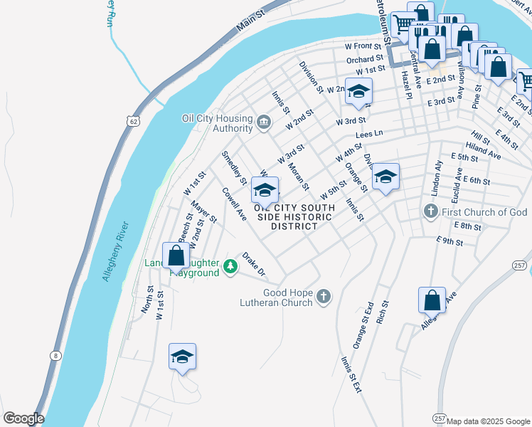 map of restaurants, bars, coffee shops, grocery stores, and more near 310 Smedley Street in Oil City