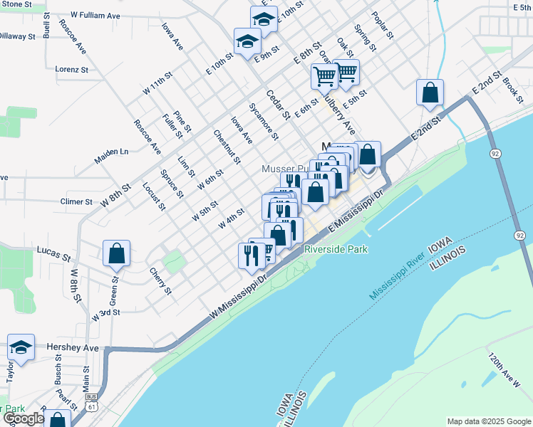 map of restaurants, bars, coffee shops, grocery stores, and more near 203 West 3rd Street in Muscatine