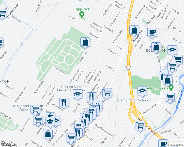 map of restaurants, bars, coffee shops, grocery stores, and more near 1404 Schlager Street in Scranton
