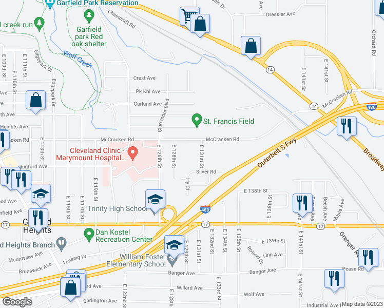 map of restaurants, bars, coffee shops, grocery stores, and more near 12900 McCracken Road in Garfield Heights