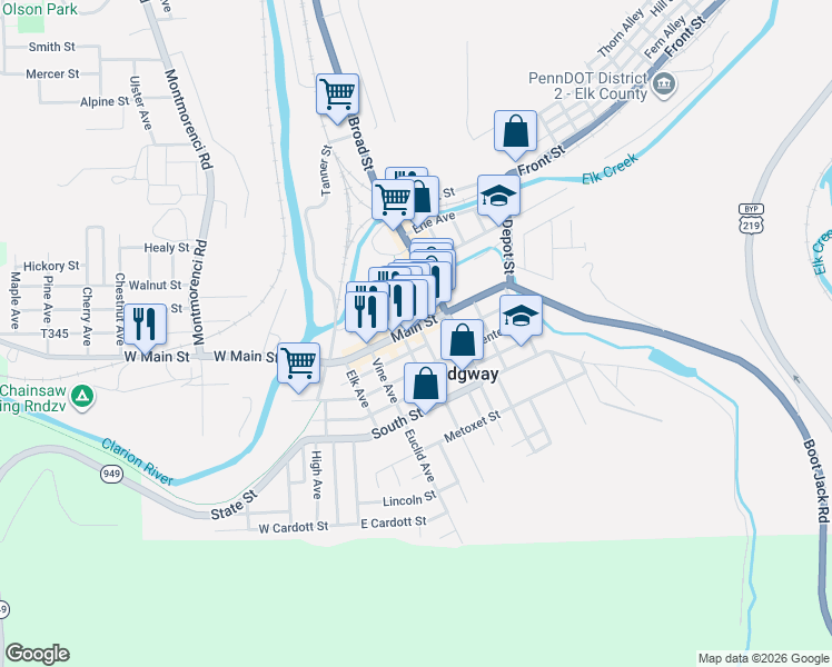 map of restaurants, bars, coffee shops, grocery stores, and more near 15 South Mill Avenue in Ridgway