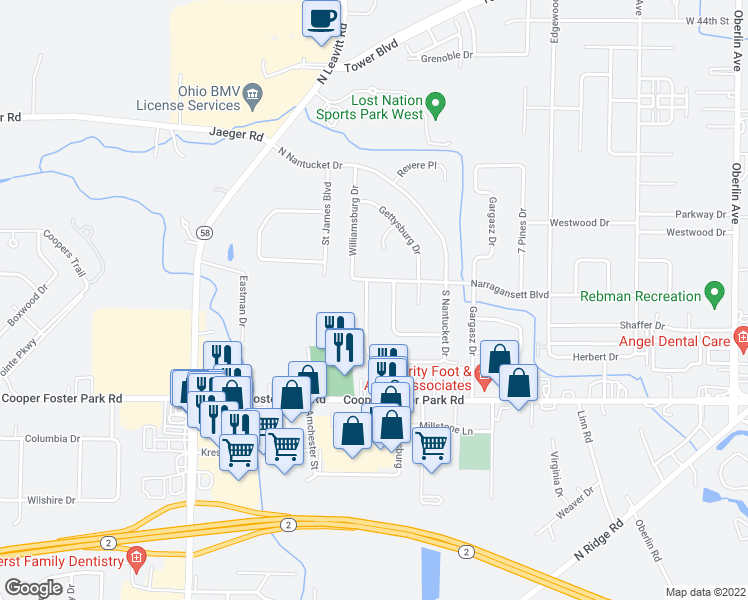 map of restaurants, bars, coffee shops, grocery stores, and more near 5509 Williamsburg Drive in Lorain