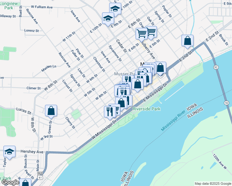 map of restaurants, bars, coffee shops, grocery stores, and more near 203 West 3rd Street in Muscatine
