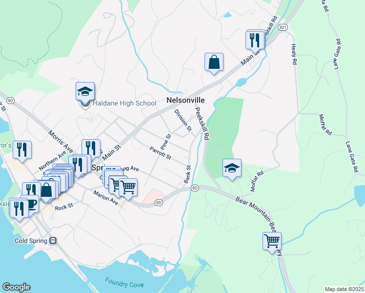 map of restaurants, bars, coffee shops, grocery stores, and more near 57 Parsonage Street in Cold Spring