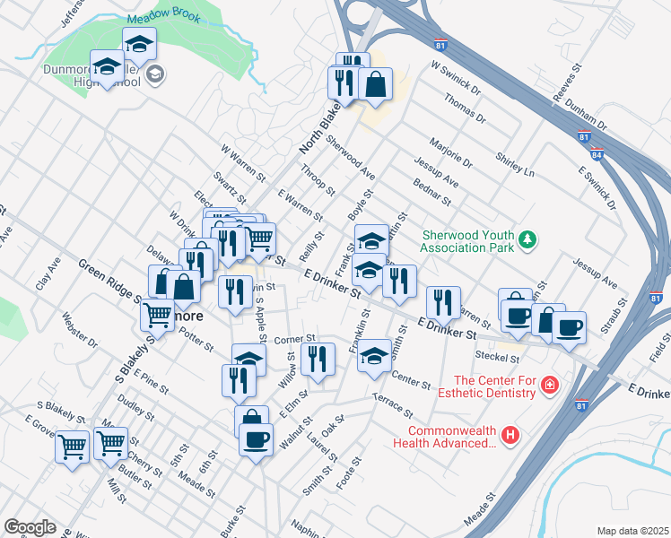 map of restaurants, bars, coffee shops, grocery stores, and more near 439 East Drinker Street in Dunmore