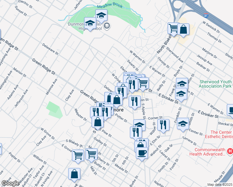 map of restaurants, bars, coffee shops, grocery stores, and more near 2043 Delaware Street in Dunmore