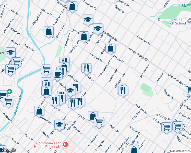 map of restaurants, bars, coffee shops, grocery stores, and more near in Scranton