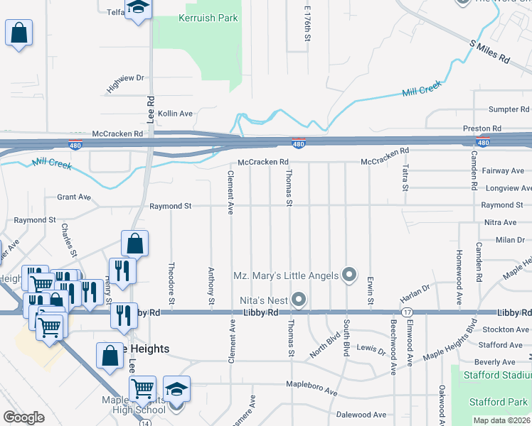 map of restaurants, bars, coffee shops, grocery stores, and more near 5126 Philip Avenue in Maple Heights