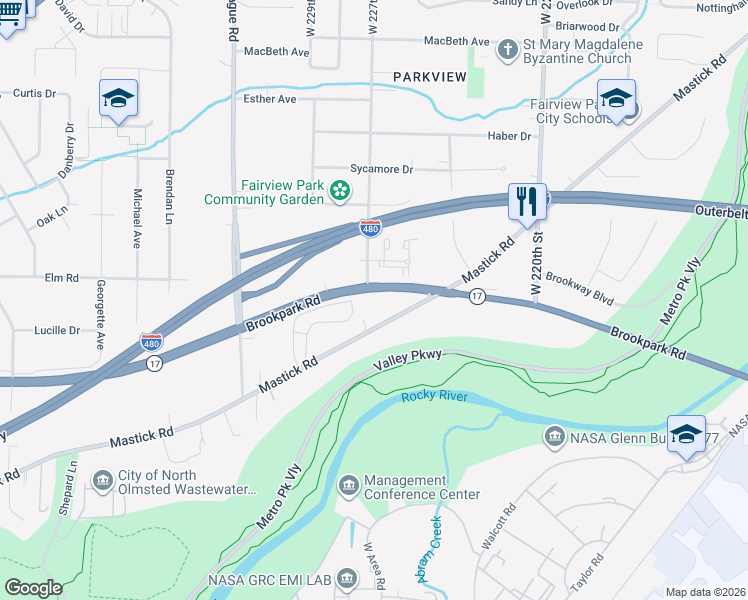 map of restaurants, bars, coffee shops, grocery stores, and more near 22718 Mastick Road in Fairview Park