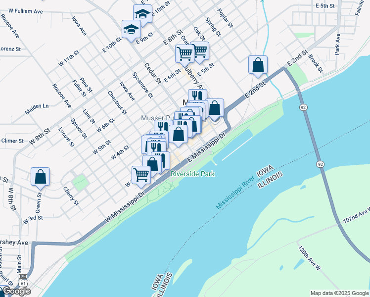 map of restaurants, bars, coffee shops, grocery stores, and more near 120 Sycamore Street in Muscatine