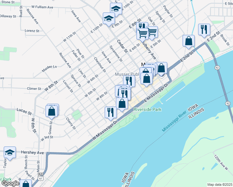 map of restaurants, bars, coffee shops, grocery stores, and more near 217 W 3rd St in Muscatine