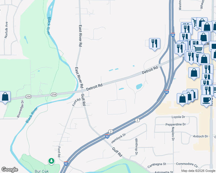 map of restaurants, bars, coffee shops, grocery stores, and more near 4820 Detroit Road in Sheffield