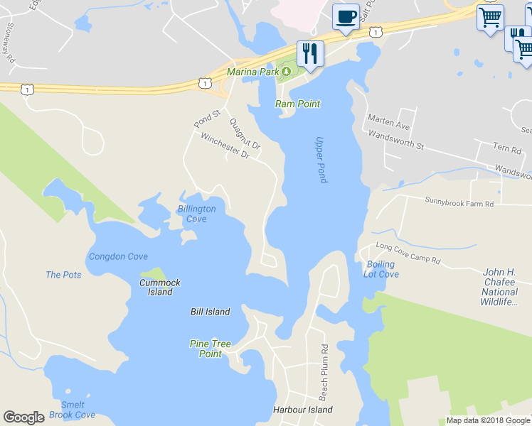 map of restaurants, bars, coffee shops, grocery stores, and more near 161 Winchester Drive in South Kingstown