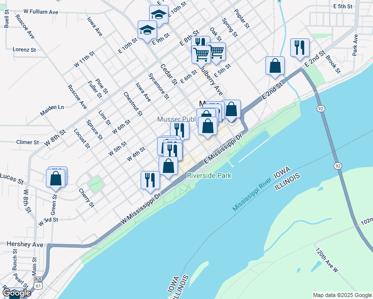 map of restaurants, bars, coffee shops, grocery stores, and more near 221 Iowa Avenue in Muscatine