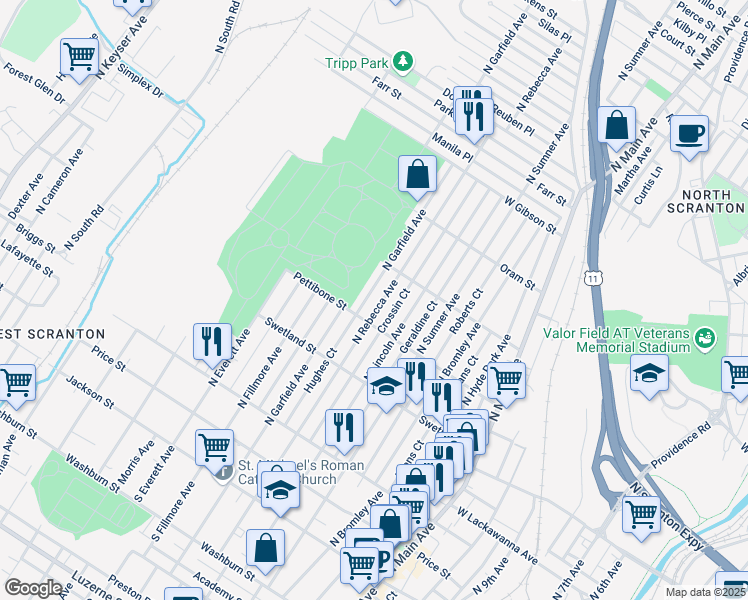 map of restaurants, bars, coffee shops, grocery stores, and more near 1600 Pettibone Street in Scranton