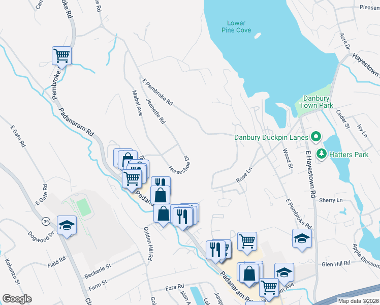 map of restaurants, bars, coffee shops, grocery stores, and more near 25 Horseshoe Drive in Danbury