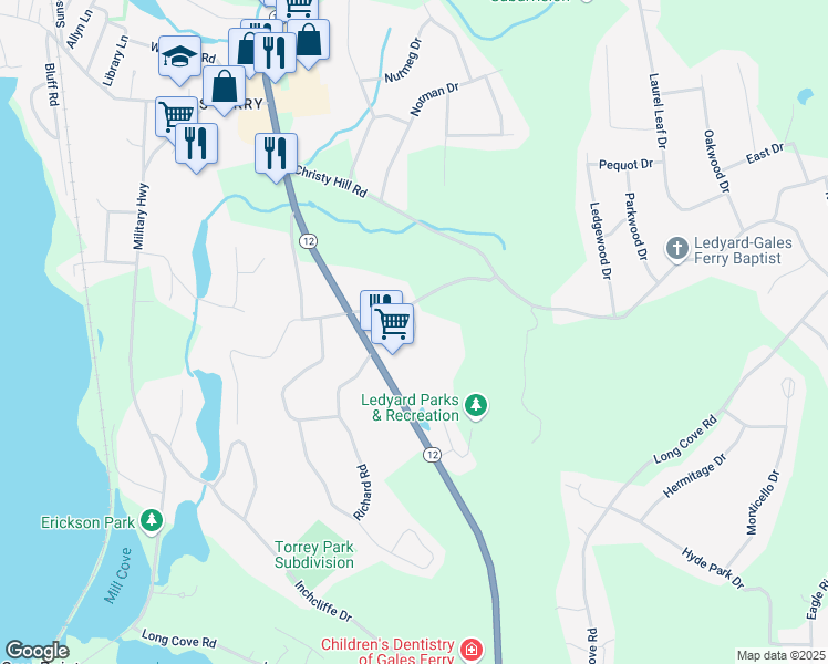 map of restaurants, bars, coffee shops, grocery stores, and more near 48 Kings Highway in Ledyard