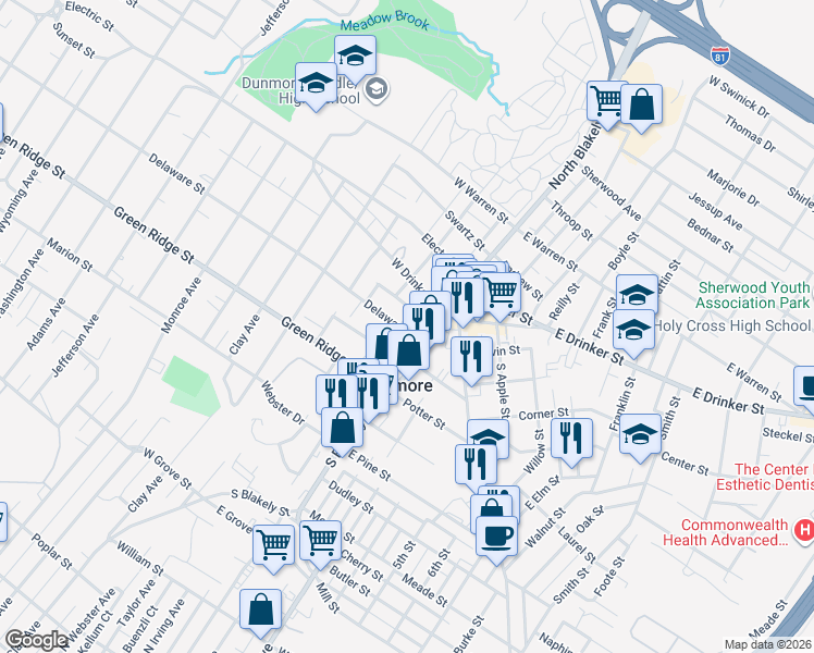 map of restaurants, bars, coffee shops, grocery stores, and more near 2043 Delaware Street in Dunmore